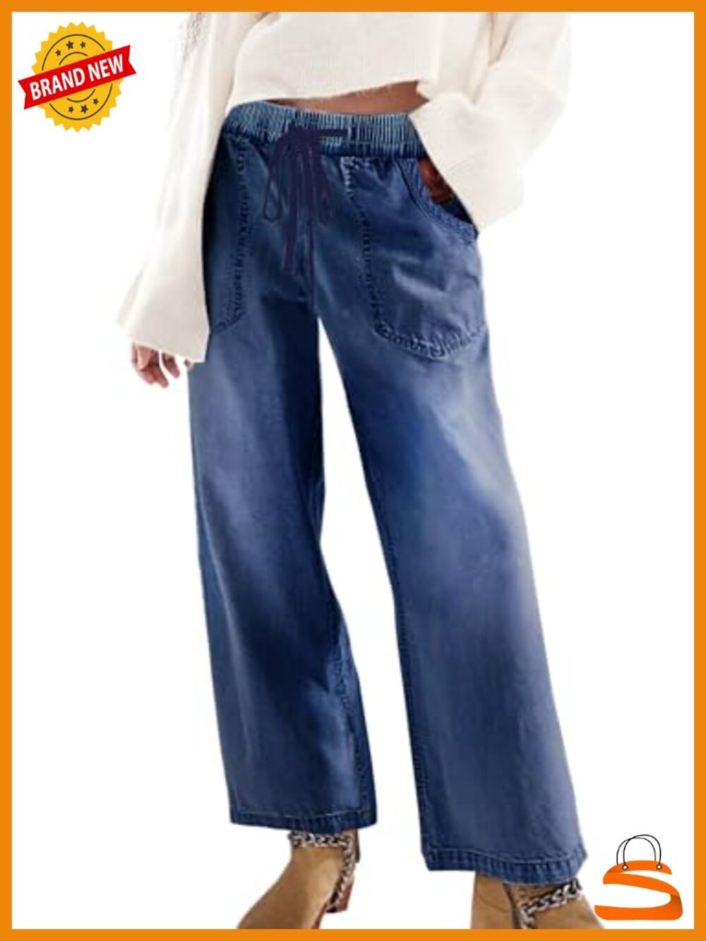 Wide Leg Barrel Stretch Denim Jeans Drawstring Distressed Pull On Pants